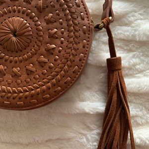 Anthropologie Round Crossbody Faux Camel Leather